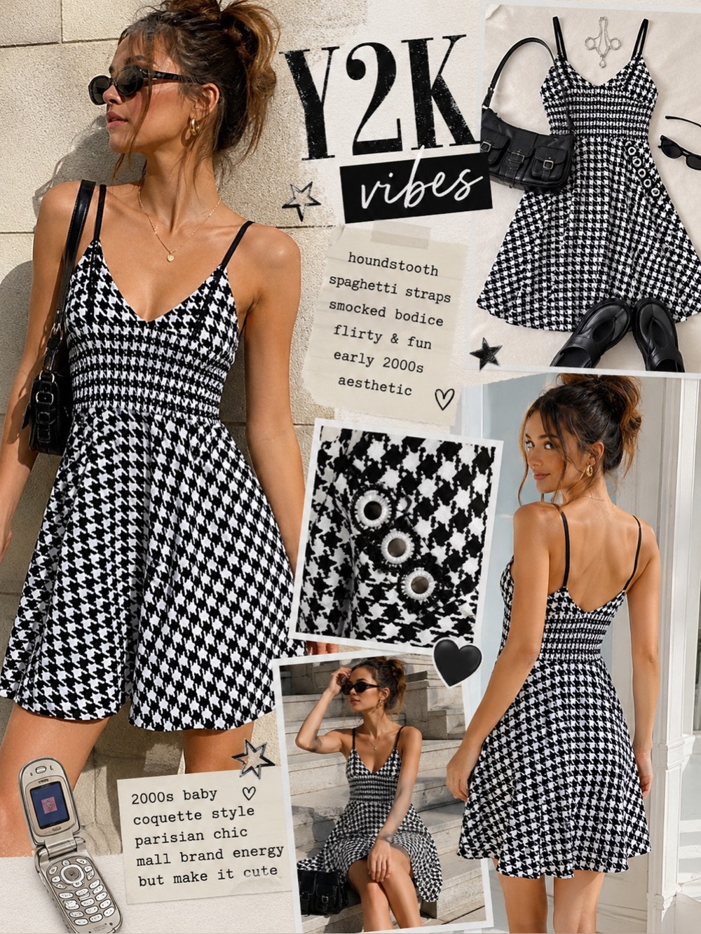 Y2K Houndstooth Smocked Mini Dress Strappy Black White Coquette Size M/L